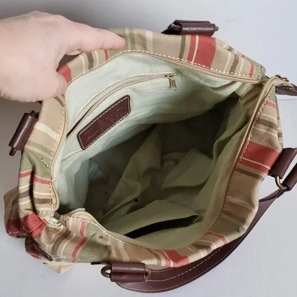 Large RELIC by FOSSIL Canvas Handbag Utility Boho Stripe Olive Red Vintage - Picture 10 of 16